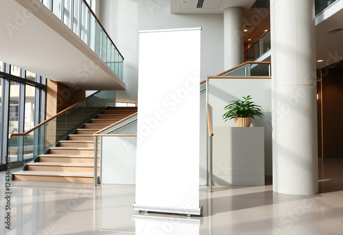 White Blank roll-up banner template standing in lobby side stairs. Blank advertisement mockup in business space, Commercial pull-up display, for add cover