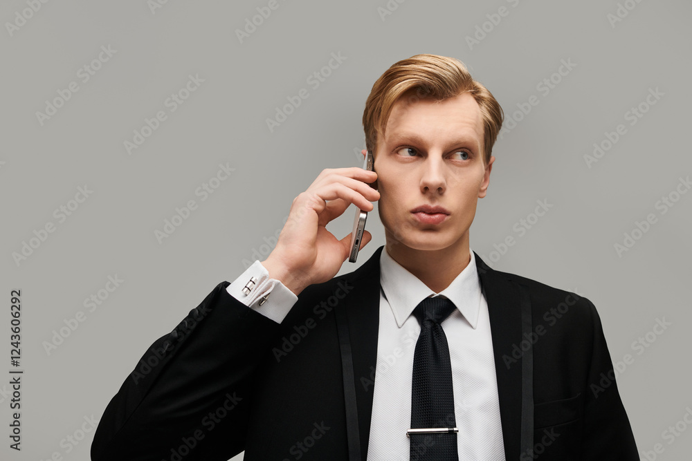 Young handsome man in suit engaged in an important phone conversation in a modern setting