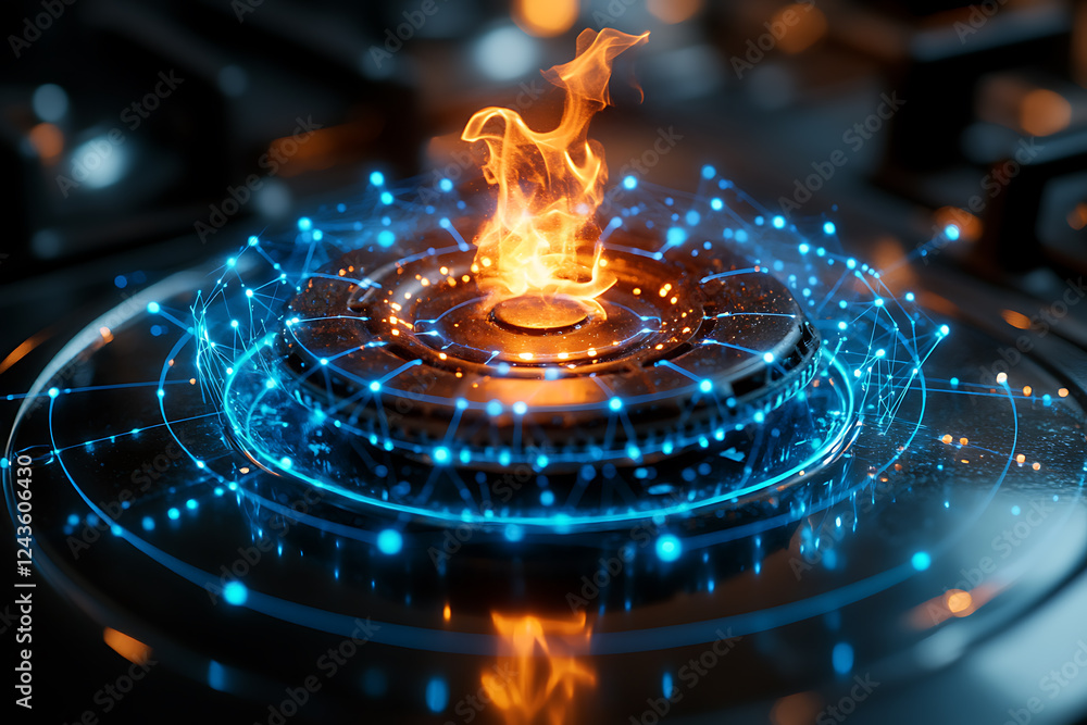 An abstract digital background featuring a close-up shot of a gas stove burner ignited with a vibrant blue flame
An abstract digital background featuring a close-up shot of a gas stove burner ignited with a vibrant blue flame