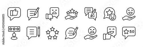 Customer feedback thin line icon set. Containing rating, review, satisfaction, experience, like, comment for survey, opinion, service, vote, test, inspecting, testimonial, response, life events