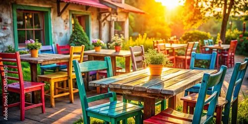 Wallpaper Mural Rustic Summer Cafe: Simple Wooden Furniture & Deep Focus Photography Torontodigital.ca