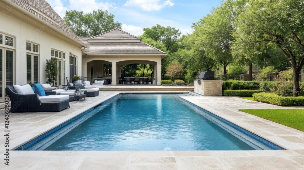 Fototapeta premium Serene Outdoor Pool Area with Modern Furniture and Lush Greenery Under Bright Blue Sky