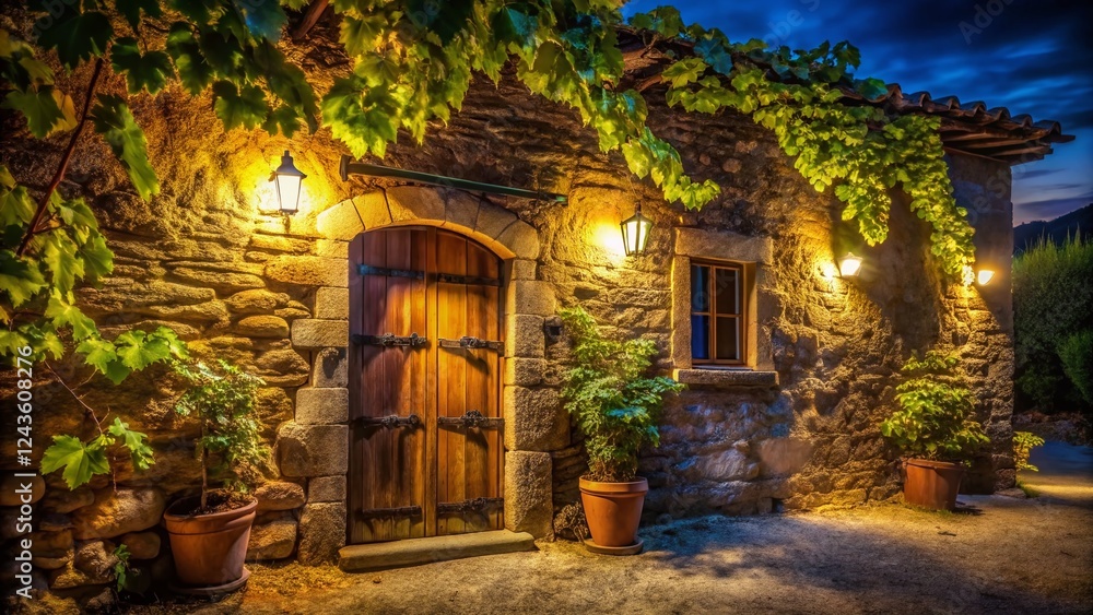 Fototapeta premium Rustic Winery Stone Building, Grapevine Covered Walls, Old Wooden Door, Night Photography