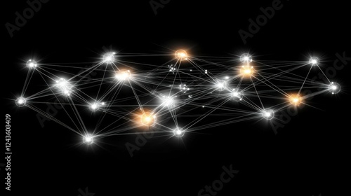 Digital particle connection network with luminous nodes and lines, representing the interconnected nature of advanced data technologies, artificial intelligence, and communication systems.