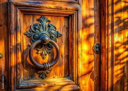 Rustic Wooden Door with Ornate Metal Knocker, Rethymno, Crete, Greece photo