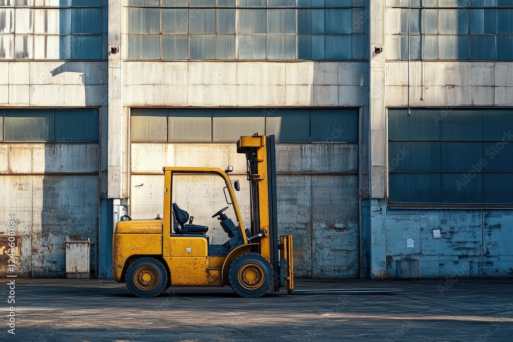 Yellow forklift parked outside a large warehouse in an industrial zone during late afternoon sunlight Yellow forklift parked outside a large warehouse in an industrial zone during late afternoon sunlight