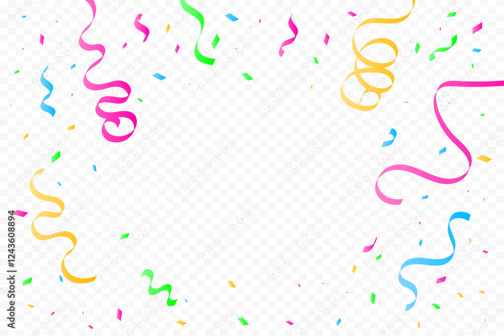 Colorful Confetti And Streamer Ribbons Falling On Transparent Background. Celebration. Happy Birthday Wallpaper. Vector Illustration. Multicolored Colorful Confetti And Streamer Ribbons Falling On Transparent Background. Celebration. Happy Birthday Wallpaper. Vector Illustration. Multicolored