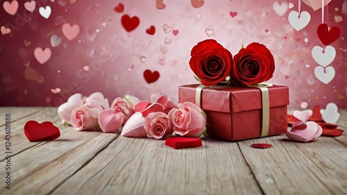 Valentine day gift box on wooden background with rose