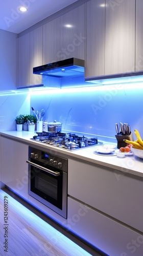 Modern Minimalist Kitchen with Blue LED Lighting - Sleek kitchen design, blue LED under-cabinet lighting, modern appliances, clean lines, and bright ambiance.  Symbolizing: modernity, efficiency photo