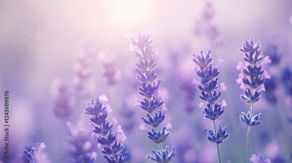 Fototapeta premium Lavender fields bathed in pastel lavender and blue haze during early morning light