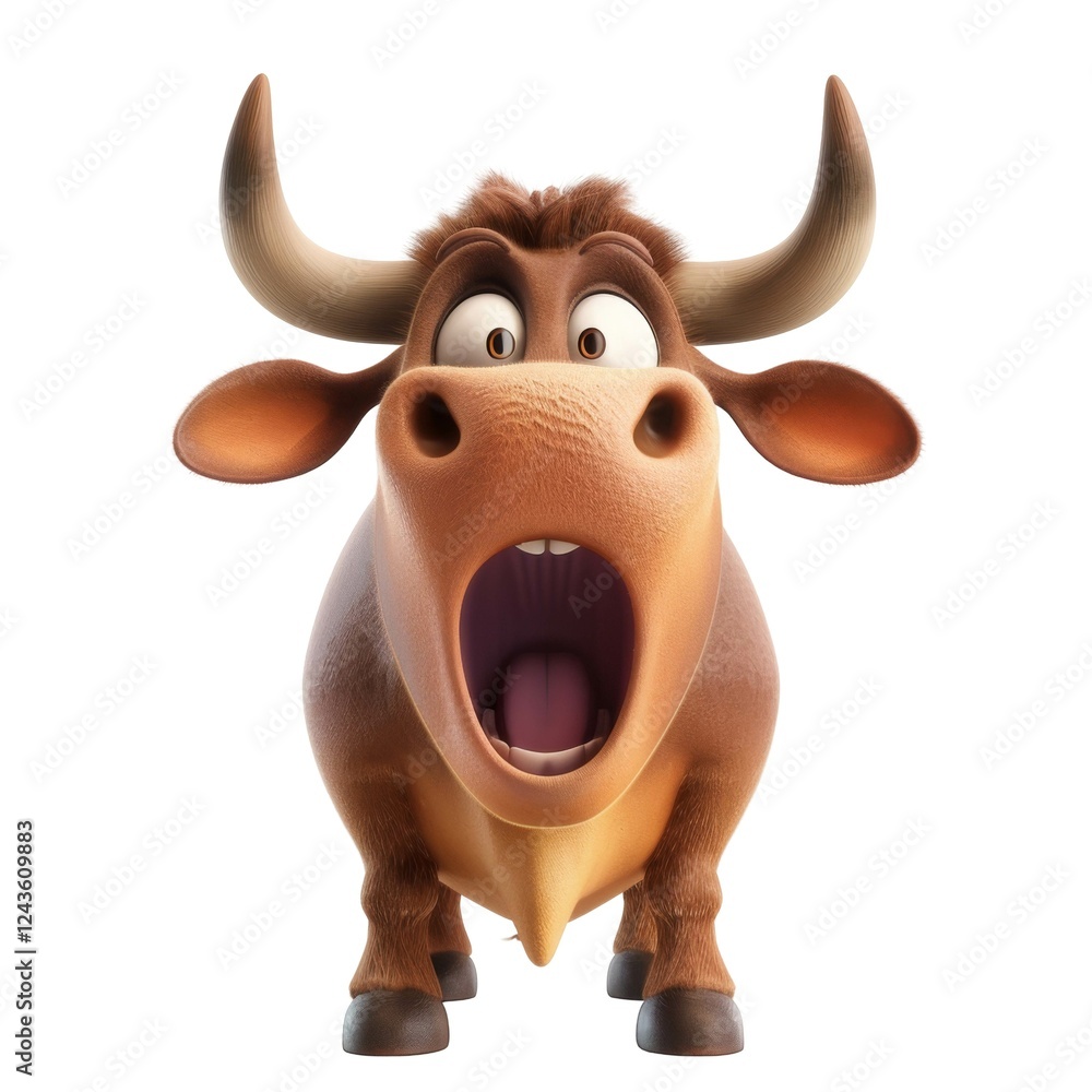 Cartoon bull with large horns and surprised expression on face looking forward Cartoon bull with large horns and surprised expression on face looking forward