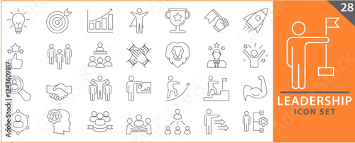 Leadership icon set. Containing leader, vision, guidance, mentorship, coaching, influence, charisma, challenge, lead and more. Vector illustration. set icons collection.