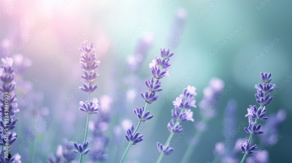 Fototapeta premium Elegant lavender and mint shapes create a soft, serene atmosphere in a blooming garden during golden hour