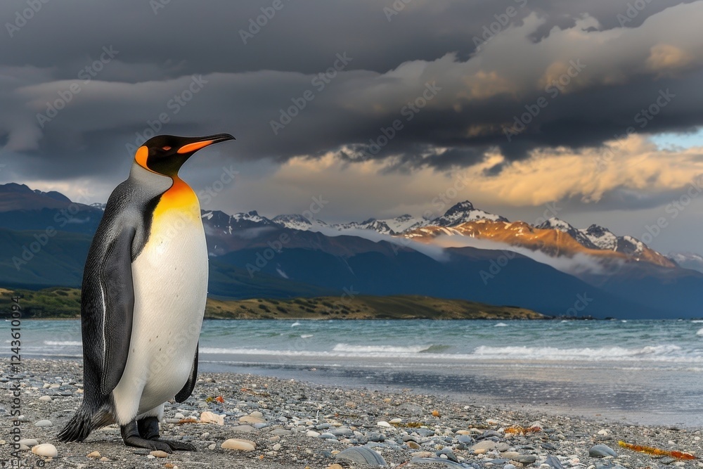 Fototapeta premium A king penguin stands on a rocky beach, with dramatic mountains and a moody sky in the background, capturing the essence of its natural habitat.