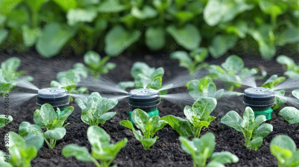 Automated watering system for spinach agricultural field photography natural environment close-up irrigation efficiency Automated watering system for spinach agricultural field photography natural environment close-up irrigation efficiency