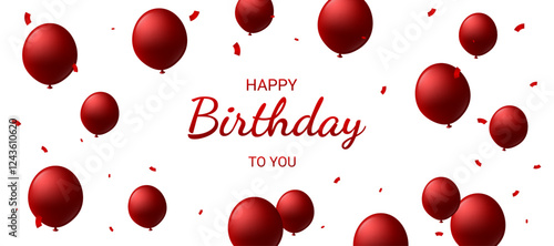 Happy Birthday Text with Balloons and Red Confetti. Wallpaper. Vector Illustration