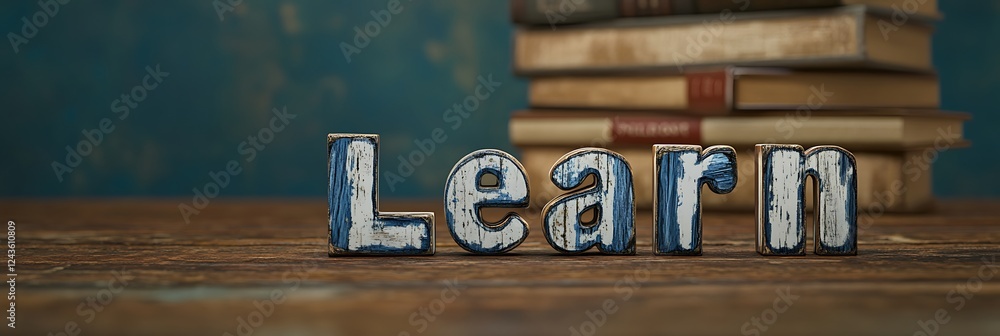 Obraz premium Alphabet blocks arranged to spell Learn on a rustic table with a blurred stack of books in the background