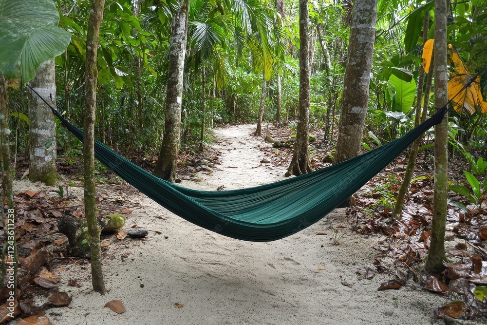 Fototapeta premium Serene Hammock Nestled Among Lush Green Tropical Trees