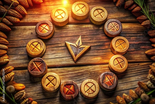 Scandinavian Runes: Thurisaz Rune Circle,  Mystic Fortune Telling, Wooden Background photo