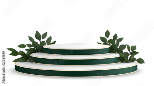 features a minimalist and elegant design of a three-tiered circular podium. Each tier is white with a dark green edge, creating a clean and modern look. The podium is adorned with stylized green leave