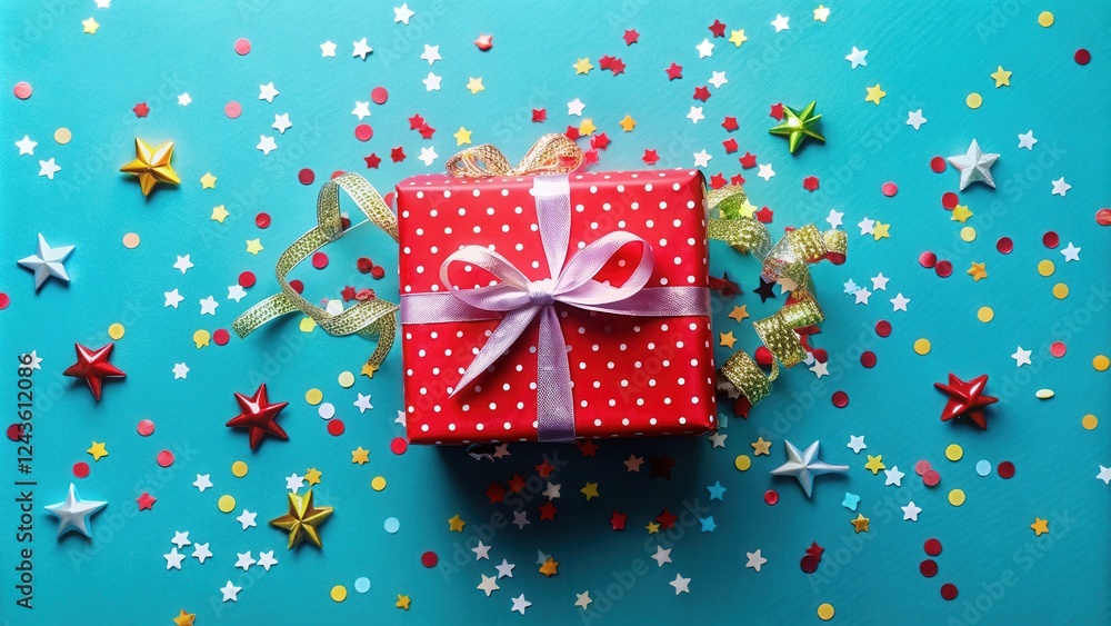 Obraz premium A Festive Red Gift Box with Colorful Confetti and Ribbons on a Teal Background