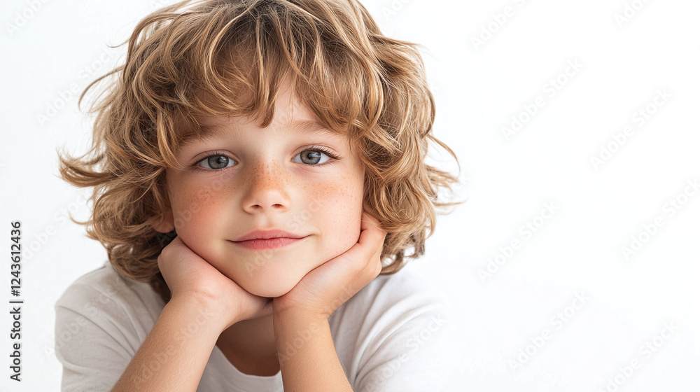 A little boy with tousled hair, resting his chin on his hand, gazing into space, plain white background A little boy with tousled hair, resting his chin on his hand, gazing into space, plain white background