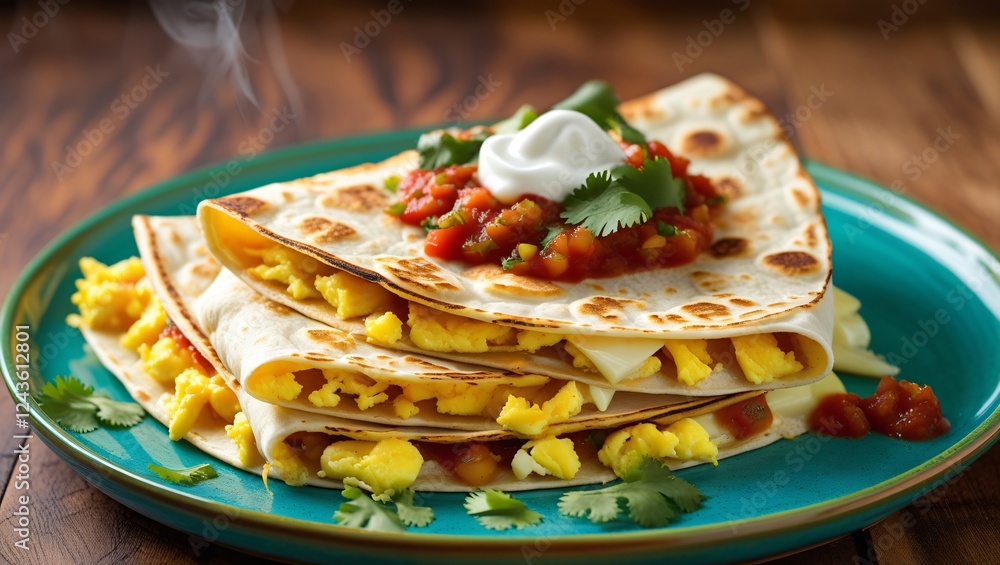 A crispy golden breakfast quesadilla with scrambled eggs, cheese, and salsa, served on a turquoise plate, garnished with cilantro and sour cream, against a warm rustic backdrop. A crispy golden breakfast quesadilla with scrambled eggs, cheese, and salsa, served on a turquoise plate, garnished with cilantro and sour cream, against a warm rustic backdrop.