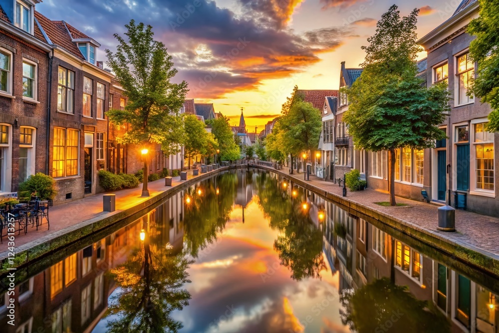Fototapeta premium Serene Delft Canal: Charming Dutch Houses & Boats at Golden Hour
