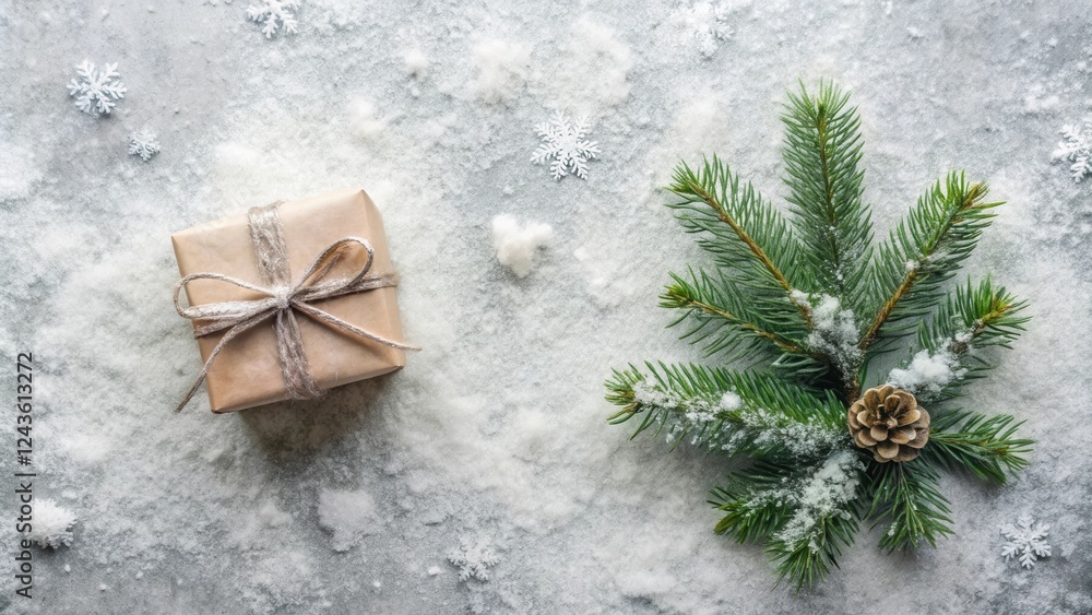 Fototapeta premium A rustic winter scene with a gift and evergreen bough