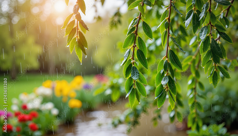 Willow branches catching spring rain in vibrant garden, nature's renewal Willow branches catching spring rain in vibrant garden, nature's renewal