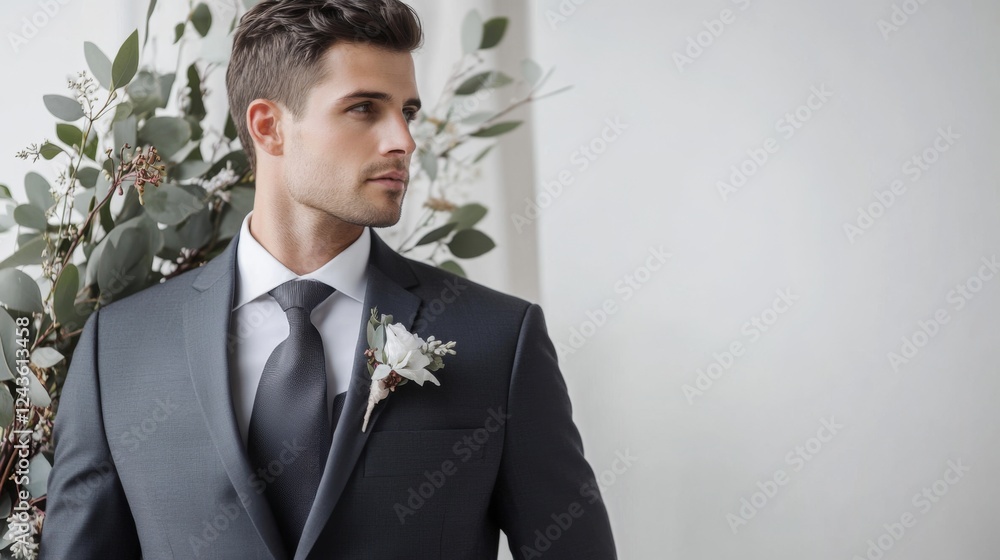 Handsome Groom in Elegant Suit with Exquisite Floral Accents Handsome Groom in Elegant Suit with Exquisite Floral Accents