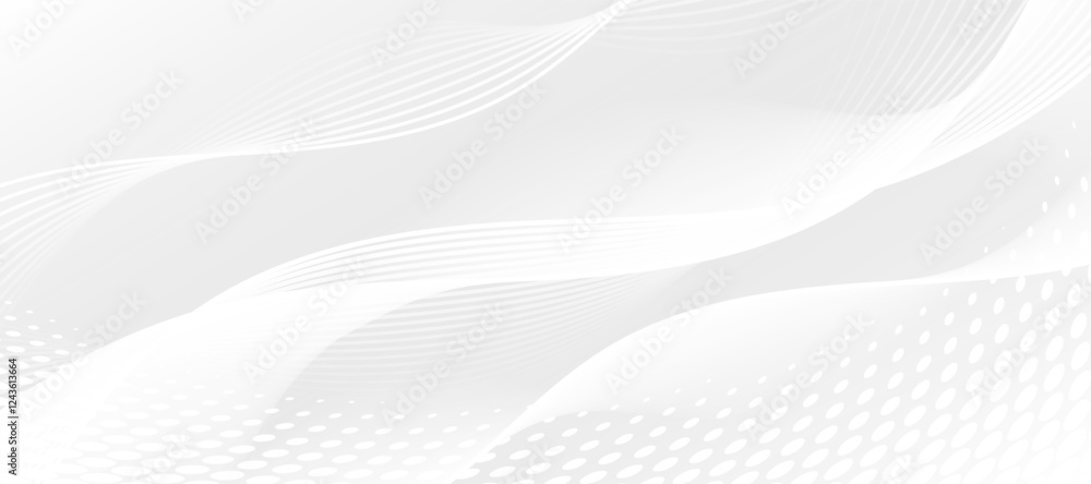 White Wave Lines Pattern Background With Halftone. Technology Wallpaper. Vector Illustration. Abstract Business Banner White Wave Lines Pattern Background With Halftone. Technology Wallpaper. Vector Illustration. Abstract Business Banner