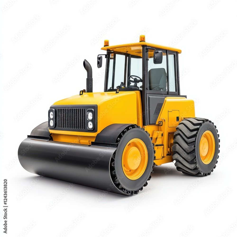Naklejka premium Yellow Industrial Roller Vehicle for Construction and Road Maintenance with Heavy Duty Design and Modern Features