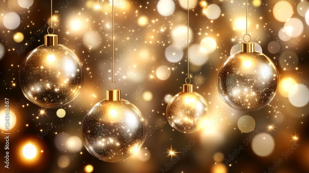Golden Christmas Ornaments. Festive Bokeh Background. Sparkling Lights. Holiday Decoration. Golden Christmas Ornaments. Festive Bokeh Background. Sparkling Lights. Holiday Decoration.