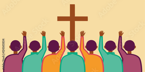 Christianity concept with a group of people with raised hands and with crosse behind them. Vector illustration.