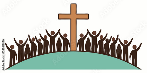 Christianity concept with a group of people with raised hands and with crosse behind them. Vector illustration.