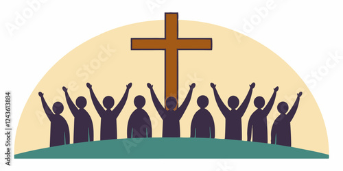 Christianity concept with a group of people with raised hands and with crosse behind them. Vector illustration.