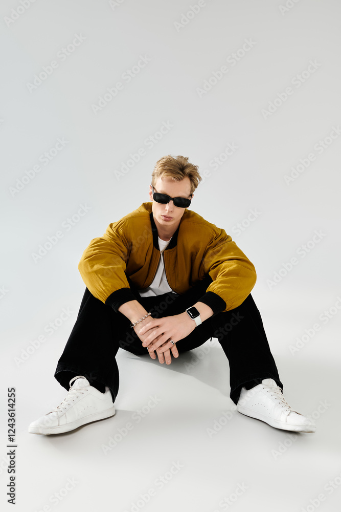 Striking young man in casual attire strikes a cool pose against a minimal backdrop Striking young man in casual attire strikes a cool pose against a minimal backdrop