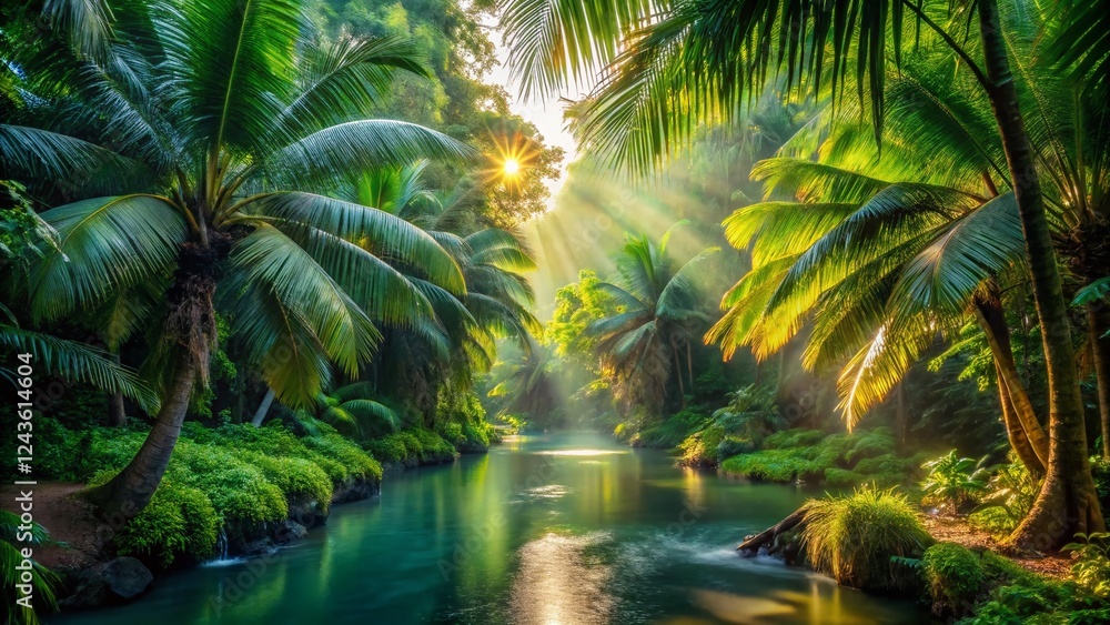 Serene Jungle Stream: Lush Tropical Paradise Escape - Stock Photo Serene Jungle Stream: Lush Tropical Paradise Escape - Stock Photo