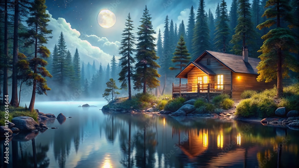 Fototapeta premium Serene Lakeside Cabin Night: Peaceful Forest Escape Stock Photo