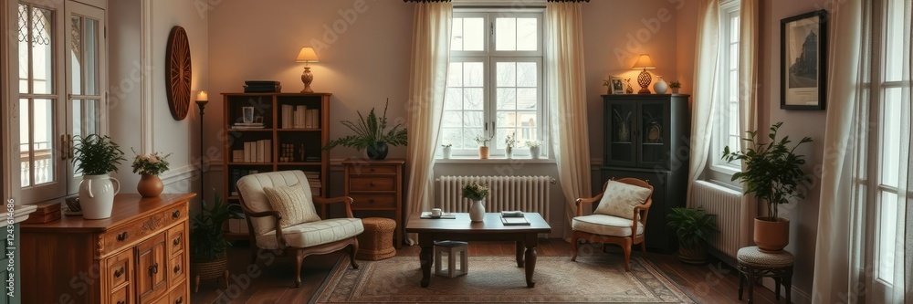 Fototapeta premium Warm and cozy French-style room illuminated by a gentle Scandinavian glow, warm, mockup, french style