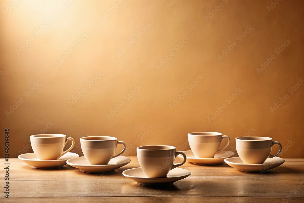 Fototapeta premium Warm beige background with scattered coffee cups and saucers on a small table, cozy atmosphere, tableware, ceramics