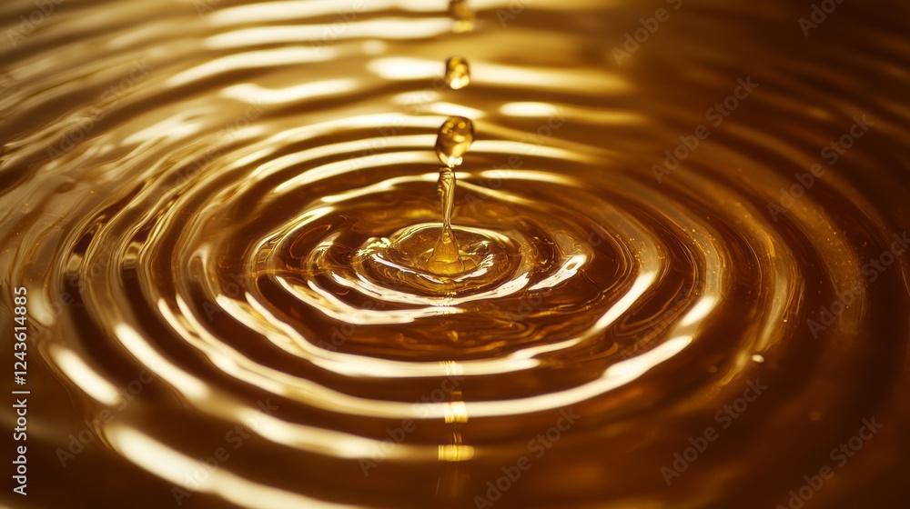 Golden droplets creating ripples on a brown surface illustrate tranquility and elegance in nature's design during sunset hours Golden droplets creating ripples on a brown surface illustrate tranquility and elegance in nature's design during sunset hours