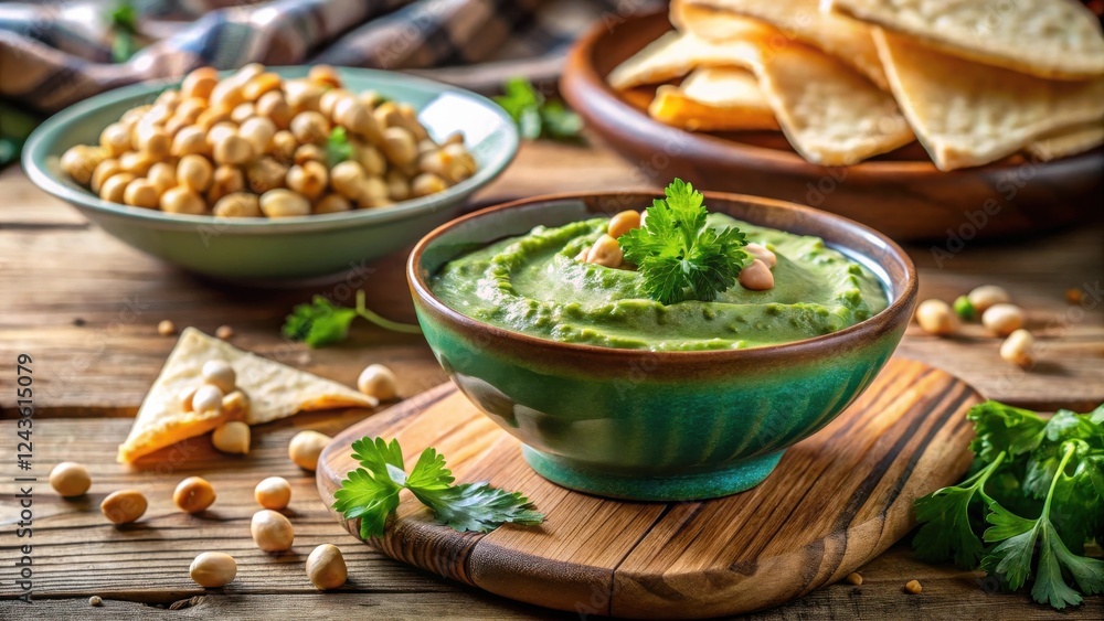 Delicious Green Hummus with Chickpeas and Flatbreads Served on Rustic Wooden Table Delicious Green Hummus with Chickpeas and Flatbreads Served on Rustic Wooden Table
