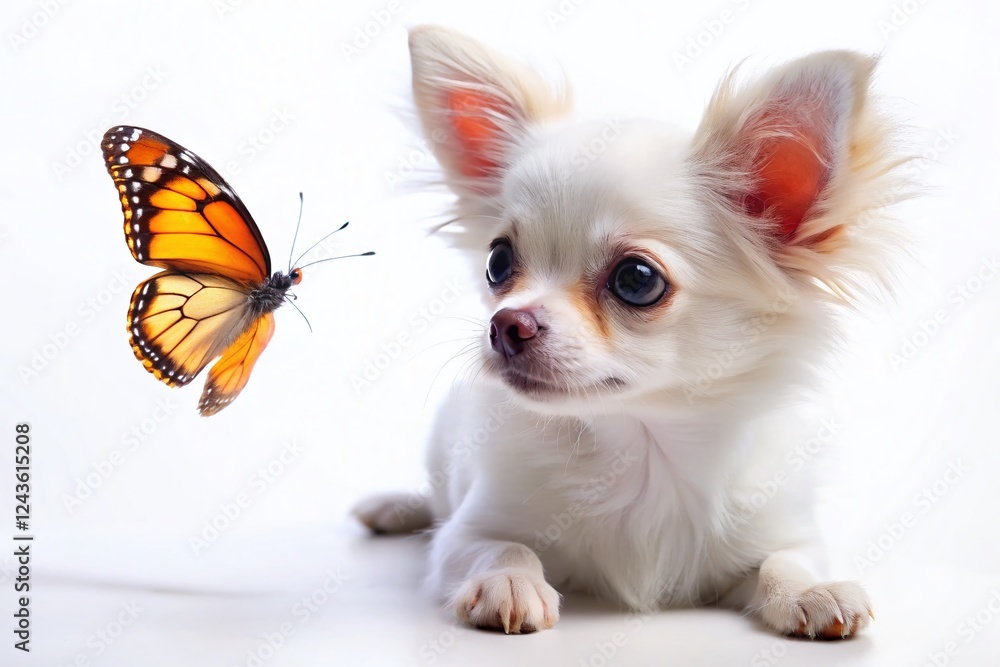 Adorable White Chihuahua Puppy with Butterfly - High-Resolution Aerial Stock Photo Adorable White Chihuahua Puppy with Butterfly - High-Resolution Aerial Stock Photo