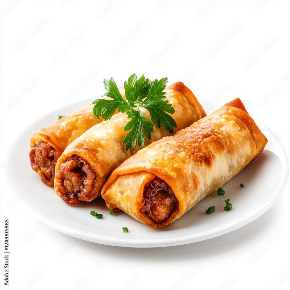 Crispy Golden Rolled Pastries Filled with Savory Meat and Fresh Herbs on a White Plate Crispy Golden Rolled Pastries Filled with Savory Meat and Fresh Herbs on a White Plate