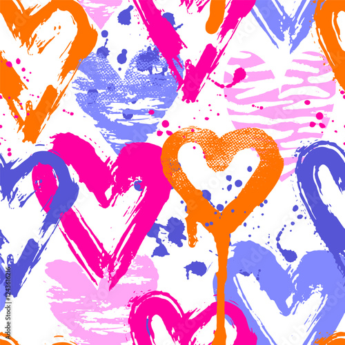 Abstract seamless pattern with hearts, urban elements, brush, lines,  sprays. Pink and blue wallpaper for girls. Grunge background with bright colors hearts and spay paint