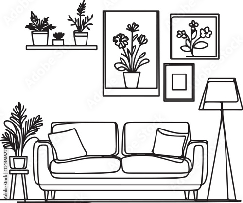Continuous line interior with sofa, plant, lamp and frames for photo. One line drawing of Living room with modern furniture editable stroke. Single line. Handdraw contour. Flower in pot. Doodle vector