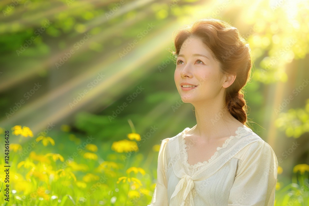 A serene woman gazes upwards, surrounded by vibrant greenery and flowers, illuminated by soft sunlight filtering through the trees. A serene woman gazes upwards, surrounded by vibrant greenery and flowers, illuminated by soft sunlight filtering through the trees.