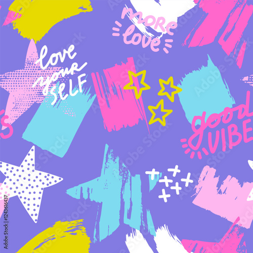 Abstract seamless pattern with graffiti spots, stars and slogans. Cool colorful background. Wallpaper for teen girl
